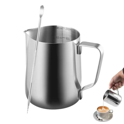 Imagen de FHISKUNYU Jarra Leche Barista 350ml con Bolígrafo de Arte Latte Lechera Acero Inoxidable para Café, Capuchino y Espresso, Cafe