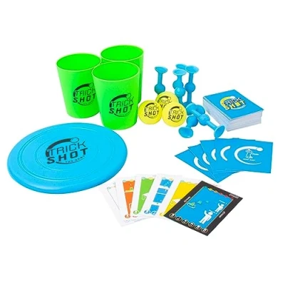 Imagen de Fizz Creations Trick Shot The Game. Incluye todo lo que necesitas para practicar el tiro perfecto. vasos apilables, pelotas de ping pong, dardos adhesivos, disco lanzamiento y tarjetas