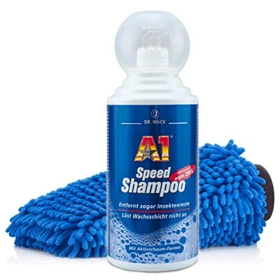 Imagen de detailmate Dr. Wack Basic Juego de Lavado para Coche a Mano Principal Cuidado del vehículo: A1 Speed Champú 500ml con fórmula Espuma Activa Guante Microfibra Chenilla