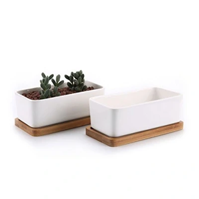 Imagen de T4u Conjunto de 2 Rectángulo Blanco cerámica Cerámicos Planta Maceta Suculento Cactus Contenedor Vivero Macetas jardín Envase