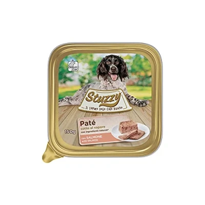 Imagen de Stuzzy Mister, Comida húmeda para Perros Adultos, Sabor salmón, paté y Carne en trozos Total 3,3 kg (22 tarrinas x 150 gr)