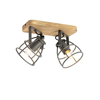 Imagen de Qazqa Foco industrial gris oscuro con madera orientable 2 luces Arthur/Acero Rectangular Adecuado para LED Max. x 40 Watt