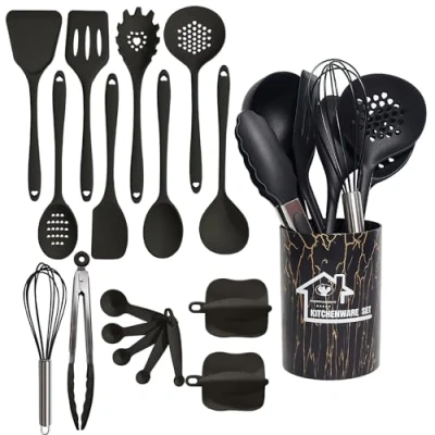 Imagen de 18 Piezas Utensilios Cocina de Silicona,Utensilios Silicona,Juego Silicona Resistente al Calor con Cubo para Guardar (Negro)