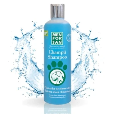 Imagen de MENFORSAN Champú Eliminador de Olores para Perros Con Aroma a Talco Elimina Malos Olores, Revitaliza e Hidrata el Pelaje Colágeno y Tensioactivos Suaves Uso Frecuente, 300ml