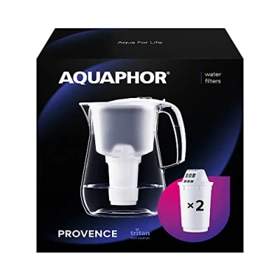 Imagen de AQUAPHOR Provence Filtro de agua (2 filtros A5 con magnesio, jarra para 4,2 l, aspecto cristal, reduce la cal y el cloro, elegante recipiente), color blanco