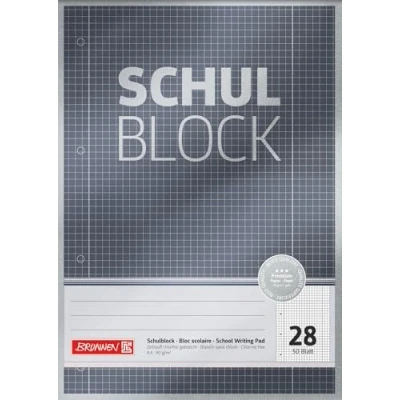 Imagen de Brunnen Cuaderno escolar premium (A4, 50 hojas, cuadriculado, con bordes, lineado 28, perforado, pegado a la cabeza, 90 g/m²)