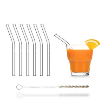 Imagen de HALM Pajitas curvadas de cristal reutilizables 6 x 15 cm + cepillo limpieza ecológico Apto para lavavajillas Sostenible vidrio vasos cóctel