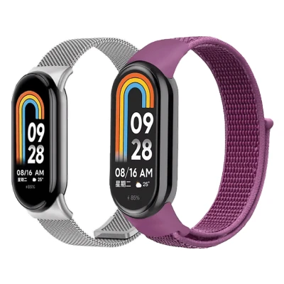 Imagen de Pack Correas Friendly License FRSWB096, Acero inoxidable y Nylon, Tamaño Muñeca 15 21 cm, Compatible con Xiaomi 9 8, Magenta Milanesa plata