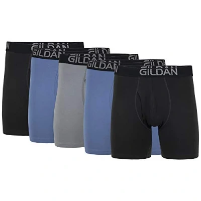 Imagen de GILDAN Cotton Stretch Regular Leg Boxer Brief Ropa Interior de Hombres, Hollín Negro, Azul Pizarra, Franela Gris (Paquete 5), XXL (Pack 5)
