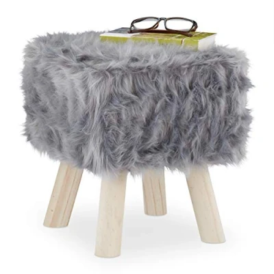 Imagen de Relaxdays Tabouret en Fourrure Synthétique Taburete Bajo con Patas, Asiento de Pelo Sintético, Reposapiés, Salón, Pasillo o Tocador, 37x32x32 cm, Gris, Gomaespuma, 1 Unidad