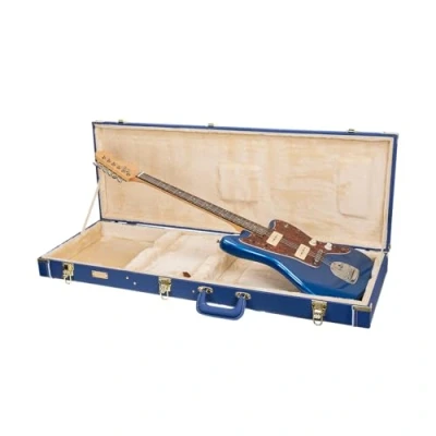 Imagen de Crossrock Designer Series Funda de Madera para Guitarras eléctricas Estilo Jazzmaster/Jaguar, Cerradura Seguridad, Patas Metal, Espacio Almacenamiento, Azul Vibrante (CRW520JMVB),