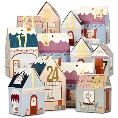 Imagen de Papierdrachen el Calendario de adviento para Hacer Manualidades y Rellenar Juego Casitas Pueblo Navidad Colorido 24 Cajas Plegables Colores Colocar Decorar Reutilizables