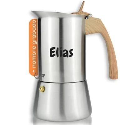 Imagen de Milu® cafetera espresso personalizada con grabado regalo Día de la Madre empleados Navidad cumpleaños mujeres (Aspecto madera, 450ml (9 tazas sin inducción) + Grabado)