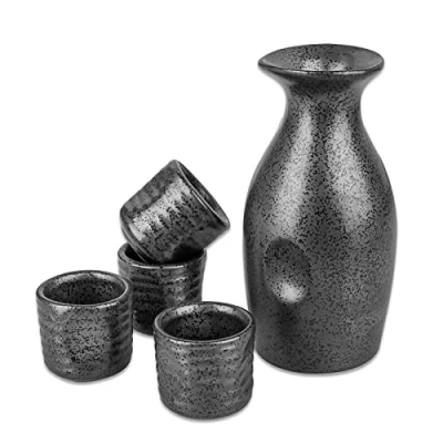 Imagen de Hakkin Juego de sake en cerámica, hecho a mano, 150 ml, 5 unidades (1 jarra y 4 vasos)