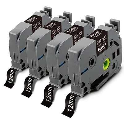 Imagen de 4X Pristar Compatible Etiquetas para Brother TZe 335 TZe335 TZ 12mm Blanco sobre Negro Laminada Casetes PT H110 H100 P900W D200BW E550WVP H107B D210 P750W D400 H105 E110VP P300BT H100LB