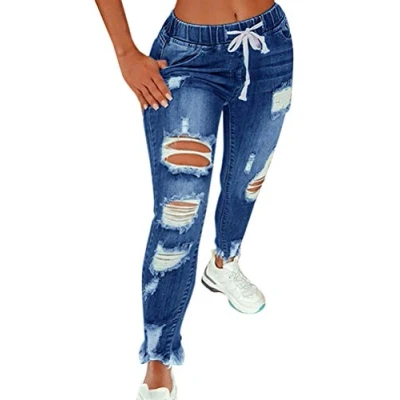 Imagen de Vaqueros Mujer Rotos EláStico Rectos Tejanos Skinny Slim Boyfriend Jeans Denim lápiz Pantalones con Cordón A Azul Oscuro L