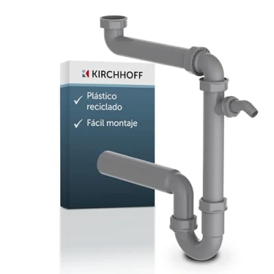 Imagen de KIRCHHOFF ECO SAVE 98833649 Sifón para fregadero de cocina plástico reciclado, desagüe con conexión lavadora o lavavajillas, color gris