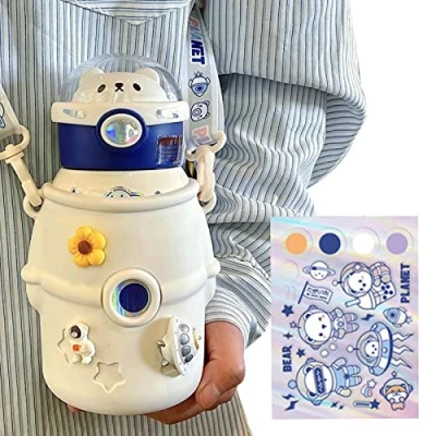 Imagen de Sysdisen Botellas de Agua con Aislamiento Pajita Botella Termo para niños al vacío del diseño Astronauta Oso 500ml la Correa
