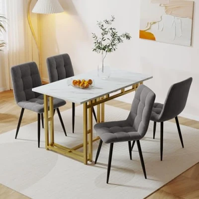 Imagen de Juego de mesa comedor 120 x 70 cm, color dorado y 4 sillas comedor, moderno, lino, hierro (gris oscuro)