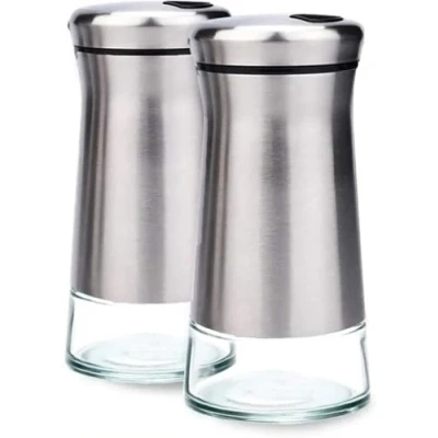 Imagen de YMTECH Juego de 2 botellas sal y pimienta, tarro coctelera vidrio acero inoxidable, especias con orificios vertido ajustables