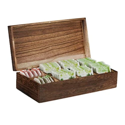 Imagen de Relaxdays Caja infusiones, Ocho Compartimentos, 80 bolsitas de té, con Tapa, Marrón, Madera, 5 cm, 8,5x30x5x15