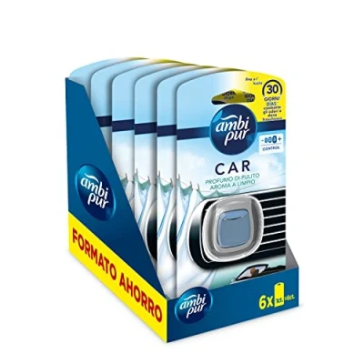 Imagen de Ambipur Car Ambientador Coche, Difusor (6 x 2ml), Elimina y Previene los Malos Olores, Fragancia Aroma a Limpio, Mega Pack