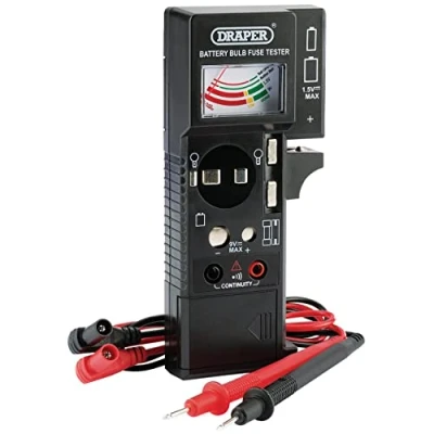 Imagen de Draper Probador de batería y fusibles Bombillas LED prueba continuidad Medidor escala analógico Herramienta multiusos Lector temperatura 90478