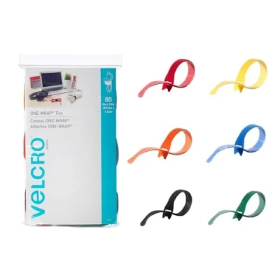 Imagen de VELCRO Brand ONE WRAP Sujetacables 60 unidades, correas de 8 x 1/2 pulgadas, multicolor, gestión cables reutilizable fuerte, paquete para oficina en casa y centros datos