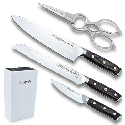 Imagen de 3 Claveles Juego de Cuchillos cocina profesionales acero inoxidable + Tijera con Taco fibras, KIMURA