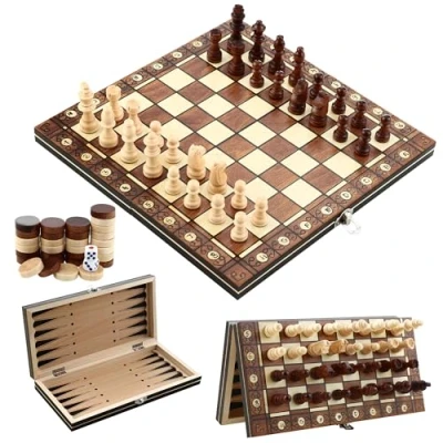 Imagen de Ajedrez Magnetico, Juego de Mesa 3 en 1, Tablero para niños Plegable (29 cm x 29 cm), Madera, Gran compañero Viaje.
