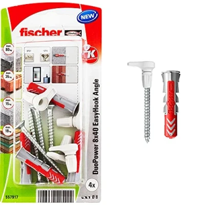 Imagen de fischer EasyHook Angle K (4), Juego de 4 tornillos y tacos DuoPower 8 x 40, con gancho en ángulo, para tablero aglomerado instalar numerosos materiales construcción