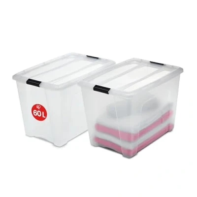Imagen de Iris Ohyama 2 Cajas de almacenamiento con tapas, 60L, Transparente, Clips Cierre, Duradero, Apilable, para Dormitorio, Armario, Oficina, Organizadora, Ropa, Libre BPA, NTB 60