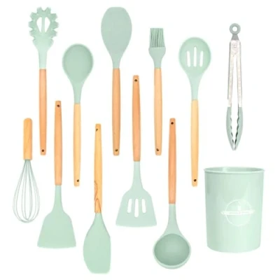 Imagen de Intirilife Juego de 12 utensilios cocina silicona Verde Menta 12.5 x 32.5 cm Cubiertos antiadherentes y resistentes al calor con cuchara, pinzas, batidor, espátula, pincel