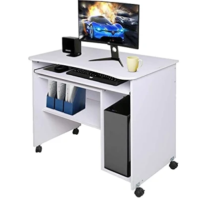 Imagen de BAKAJI Escritorio de Mesa con Porta Teclado y Estante Madera Ruedas, Color Blanco, Talla única