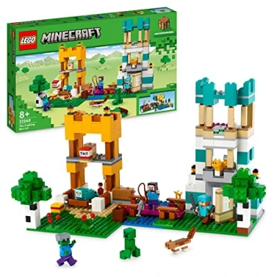Imagen de LEGO 21249 Minecraft Caja Modular 4.0, Set de Construcción 2en1 Torres del Río y Cabaña Gato con Figuras Alex, Steve, Creeper Criaturas Zombies, Regalos para Niños Niñas