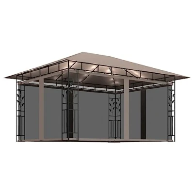 Imagen de vidaXL Cenador con Mosquitera y Tira de Luces Lateral Pérgola Jardín Patio Toldo Sombrilla Parasol Tienda Carpa Marquesina Taupé 4x3x2,73m 180 g/m²