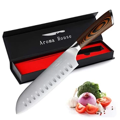 Imagen de Aroma House Cuchillo Santoku de chef 18 cm cocina profesional Hoja muy afilada con caja regalo para el hogar y restaurante