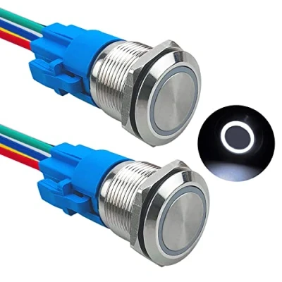 Imagen de Aiqeer 2 Piezas 19 mm Interruptores de Botón Momentáneo, 12V / 24V 5A Interruptor LED Blanco, Pulsador Metálico Impermeable, con Enchufe Precableado