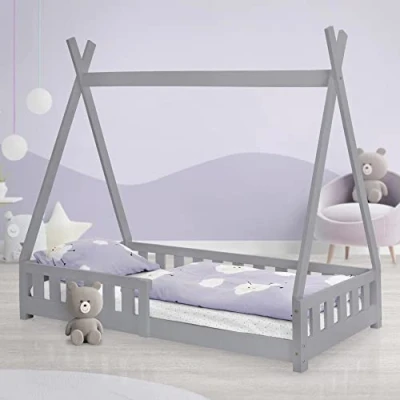 Imagen de ML Design Cama Infantil Tipi 80x160 cm con Protección Anticaída y Somier Estructura Listones de Madera Pino Maciza Color Gris Claro Forma Casa Mobiliario Juego Tienda Campaña