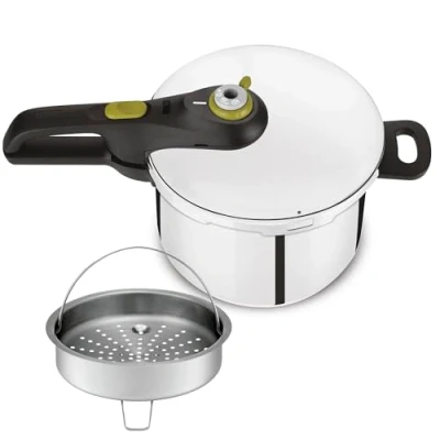 Imagen de Tefal Secure 5 Neo 6L con cestillo Olla a presión de acero inoxidable 6L, ahorro energético hasta 50%, cocción presión, 2 programas, sistema seguridad puntos, compatible inducción, P25307