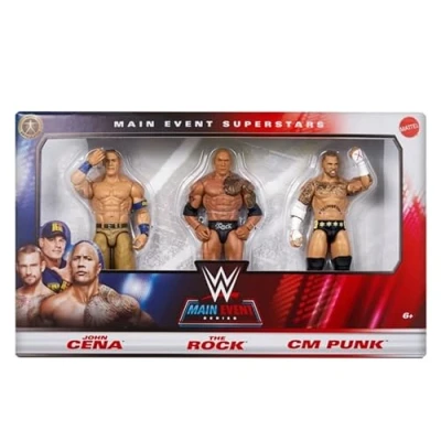 Imagen de WWE John Cena, The Rock y CM Punk, paquete de 3 figuras acción para eventos principales, superestrellas Mattel Basic Series Wrestling Action Figure Toys