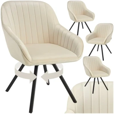 Imagen de TecTake® Sillas de Comedor Giratorias con Funda Terciopelo, Acolchada, Respaldo Continuo, Silla Dormitorio, reposabrazos, nordicas, Muebles Salon Modernos 4 Crema