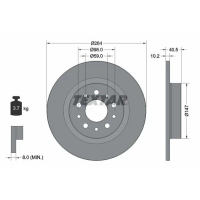Imagen de TEXTAR PRO 92271703 Disco de freno 264 10,2 05/10 98 macizo revestido sin cojinete rueda, perno sujeción buje rueda