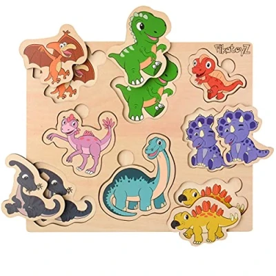 Imagen de PikatoyZ Puzzle Dinosaurios 1 año, 2 y 3 años. Juego Educativo Ideal para Regalar en un cumpleaños o Navidad. Juguete Infantil de Puzzles Dinosaurios. Juguetes Madera bebé, niño niña