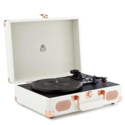 Imagen de GPO Soho Reproductor de vinilos Retro con diseño maletín, 3 velocidades, tocadiscos vinilo Blanco