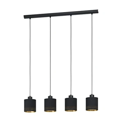 Imagen de Eglo Esteperra Lámpara colgante de 4 focos, estilo vintage, retro, acero y textil en negro dorado, para mesa comedor, salón, con casquillo E27, longitud 94 cm