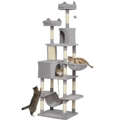 Imagen de PawHut Árbol Rascador para Gatos Grande Altura 206 cm Torre con Plataformas Cuevas Bolas Colgantes y Hamacas Gris Claro