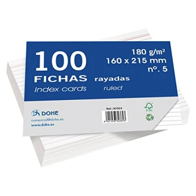 Imagen de Dohe 30364 Pack de 100 fichas rayadas cartulina blanca, 180 g, nº 5, 160 x 215 mm