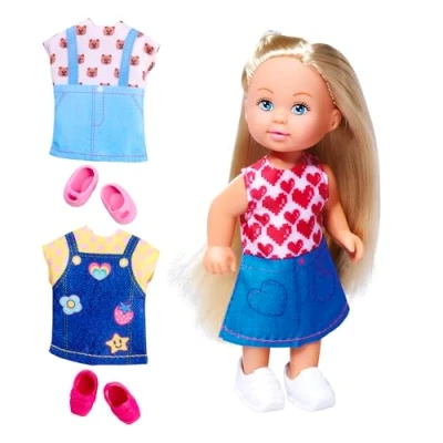 Imagen de Simba 105733727 Evi Love Fashion, muñeca de Juguete con un Bonito Vestido Vaquero, Incluye Dos Trajes adicionales, Bonitos Estampados y Zapatillas, 12 cm, a Partir 3 años