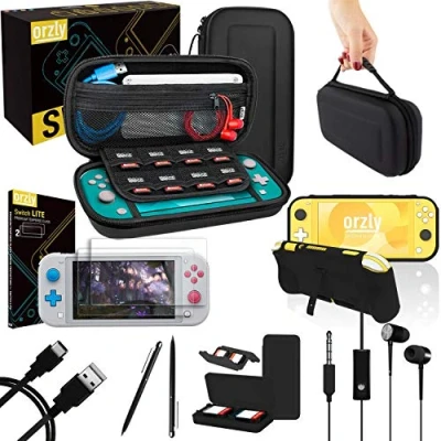 Imagen de Orzly Paquete de Accesorios para Nintendo Switch Lite Incluye: Protectores Pantalla &amp; Funda Consola, Comfort Grip, Cable USB, Auriculares y más. (Negro)